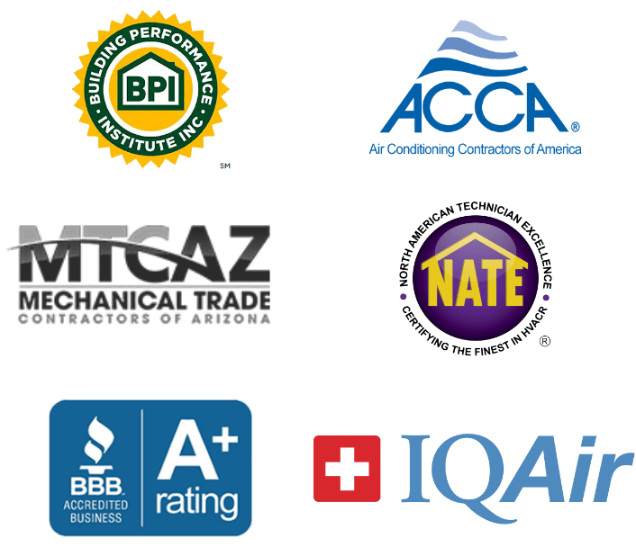 Certification and acknowledgment logos for Clear Air Conditioning & Heating. NATE, BBB, ACCA, MTCAZ, and IQAir